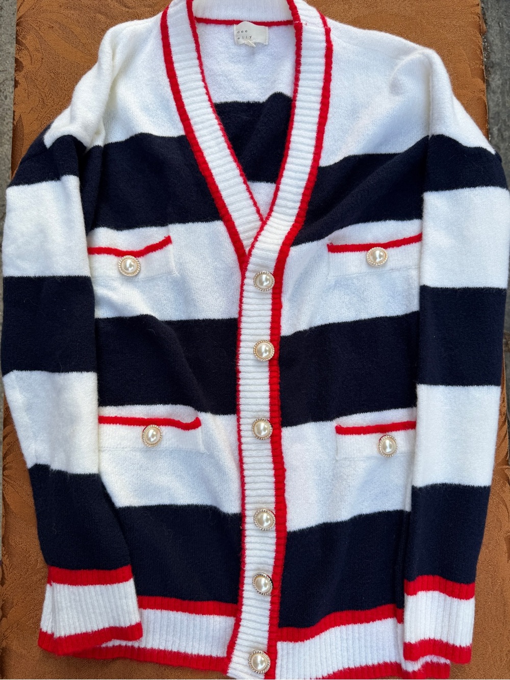 Striped Navy & White Cardigan with Red Trim